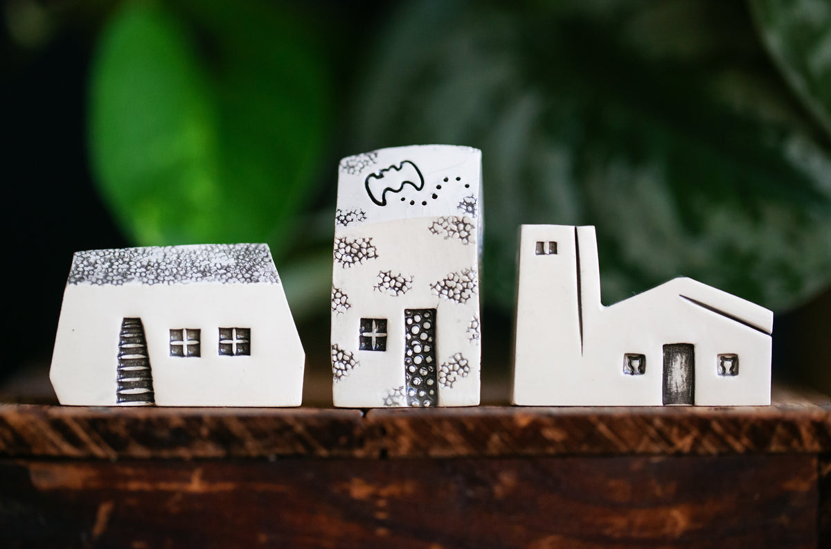 Small Halloween Ceramic Houses with Bat and Cats