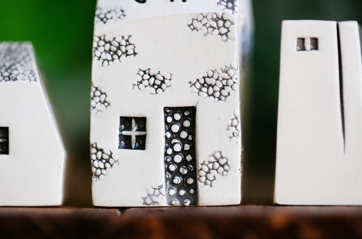 Small Halloween Ceramic Houses with Bat and Cats