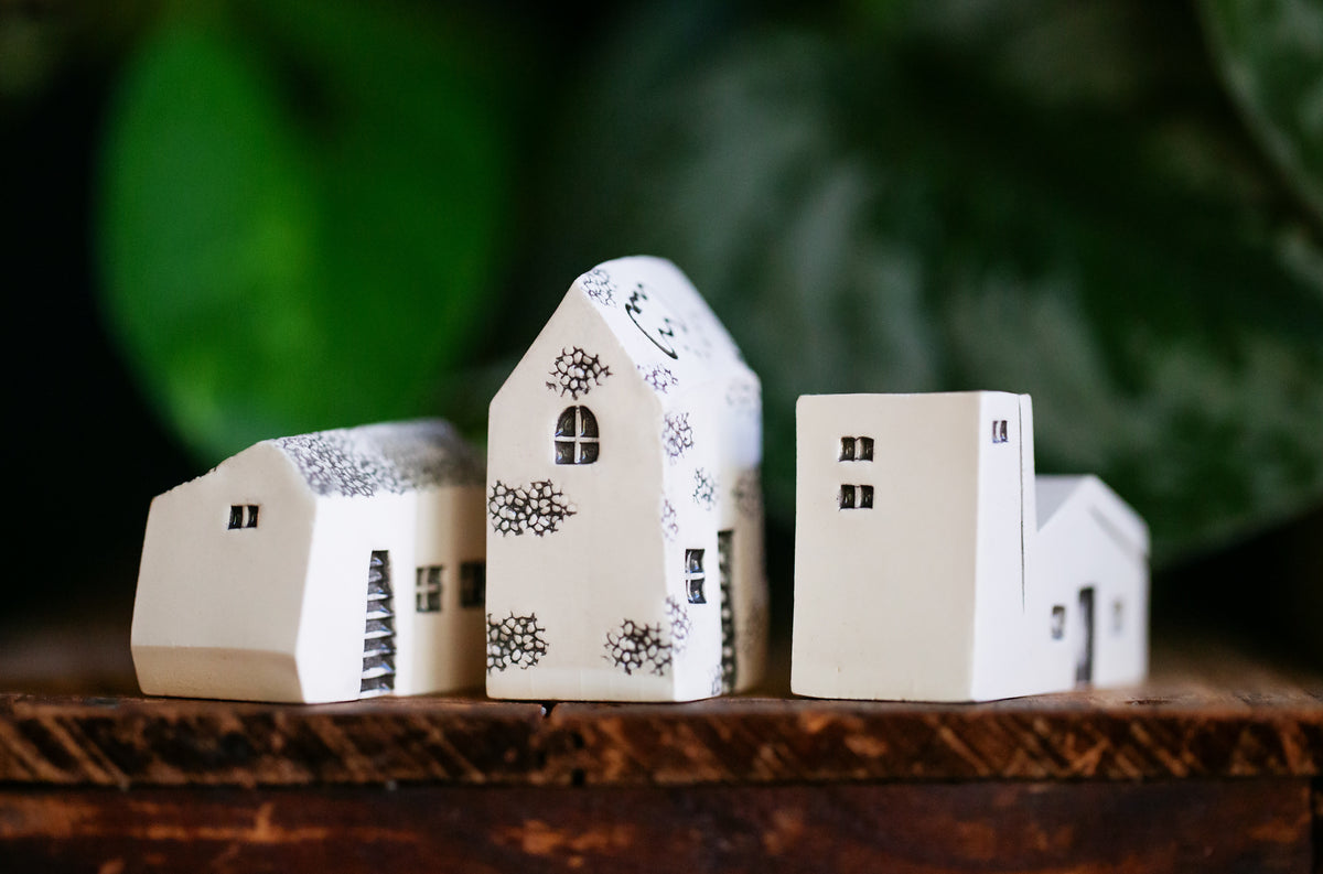 Small Halloween Ceramic Houses with Bat and Cats