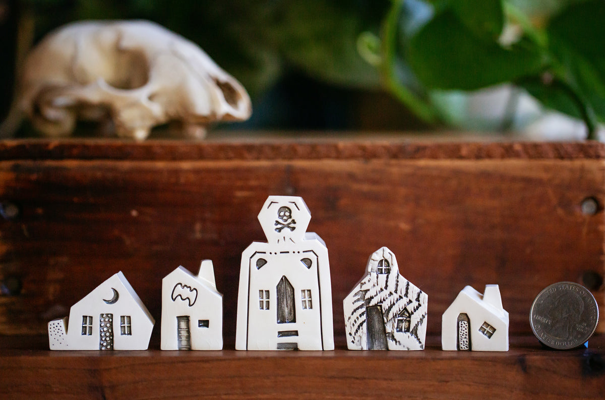 Whimsical Halloween Miniature Village of Houses with Skull