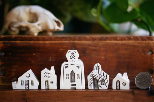 Whimsical Halloween Miniature Village of Houses with Skull