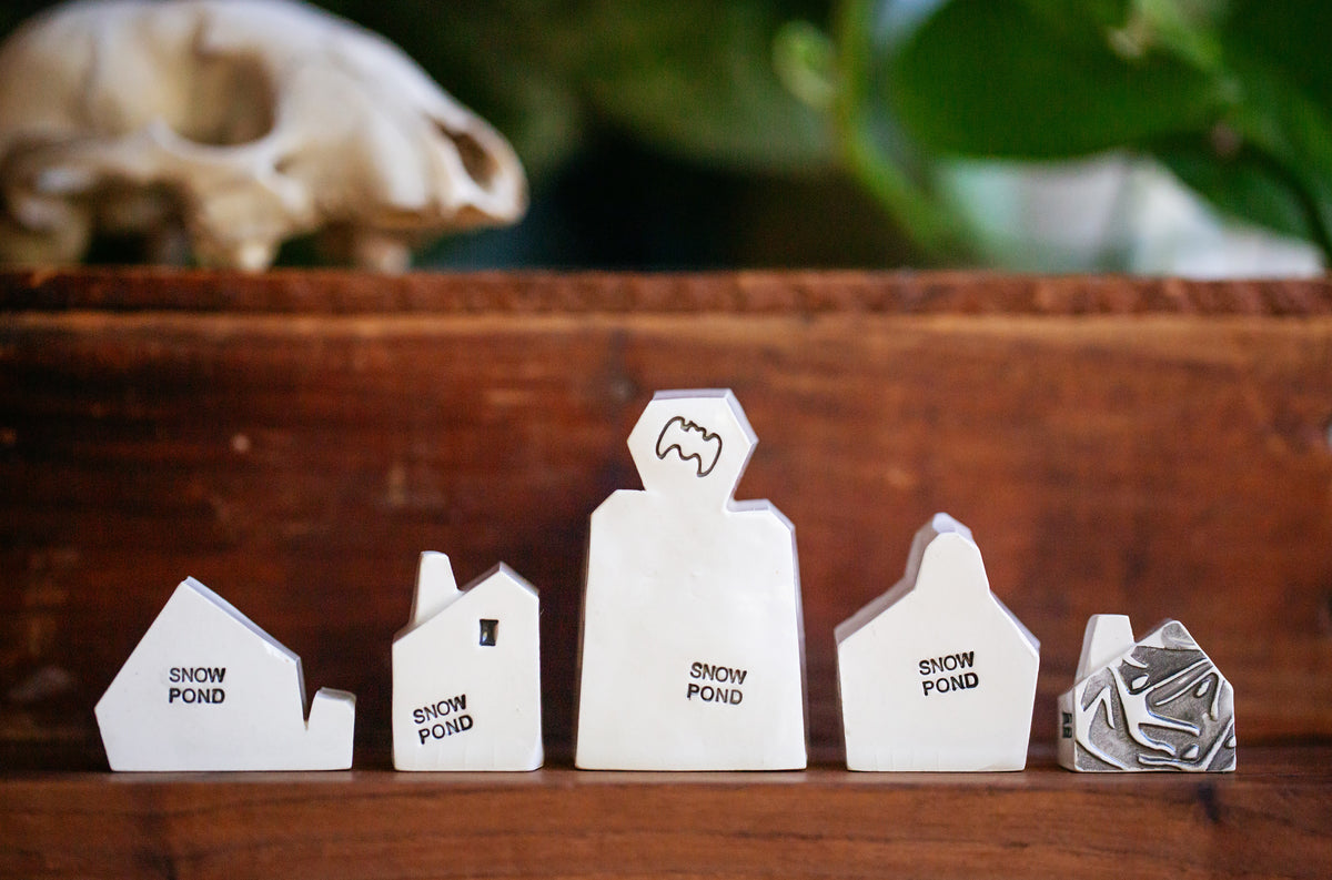 Whimsical Halloween Miniature Village of Houses with Skull