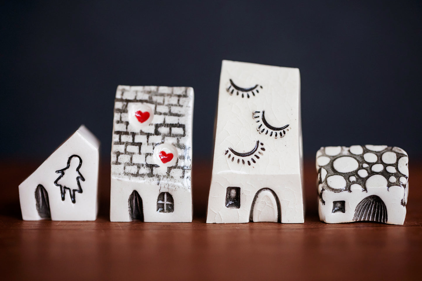 Spooky Miniature Ceramic Village with Ghost Girl and Hearts