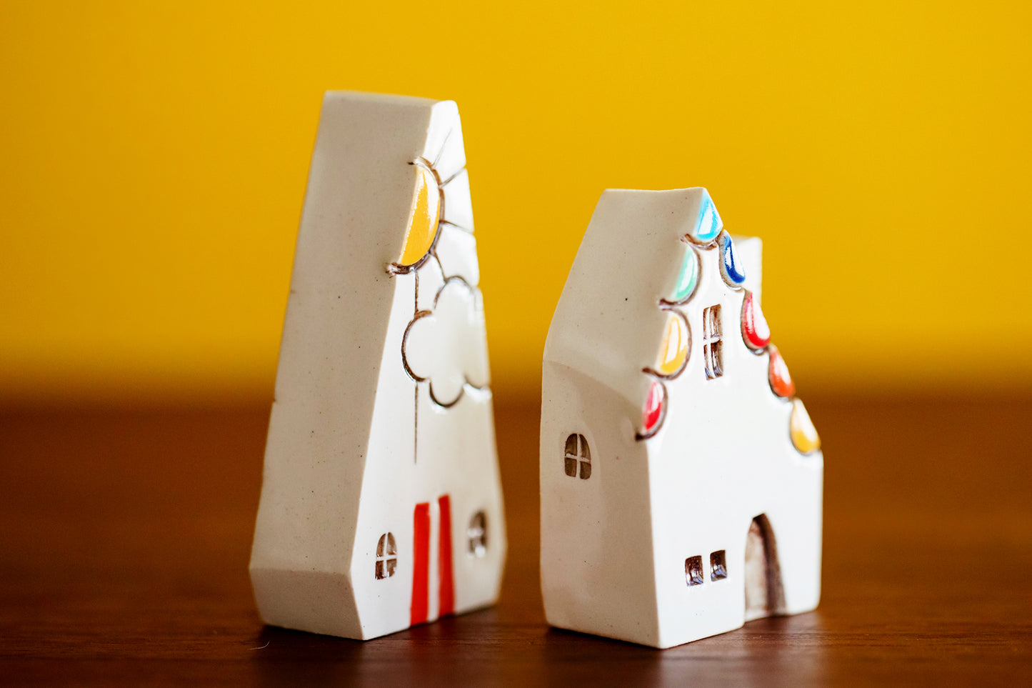 Rainbow Ceramic Village with Sunshine and Orange Doors