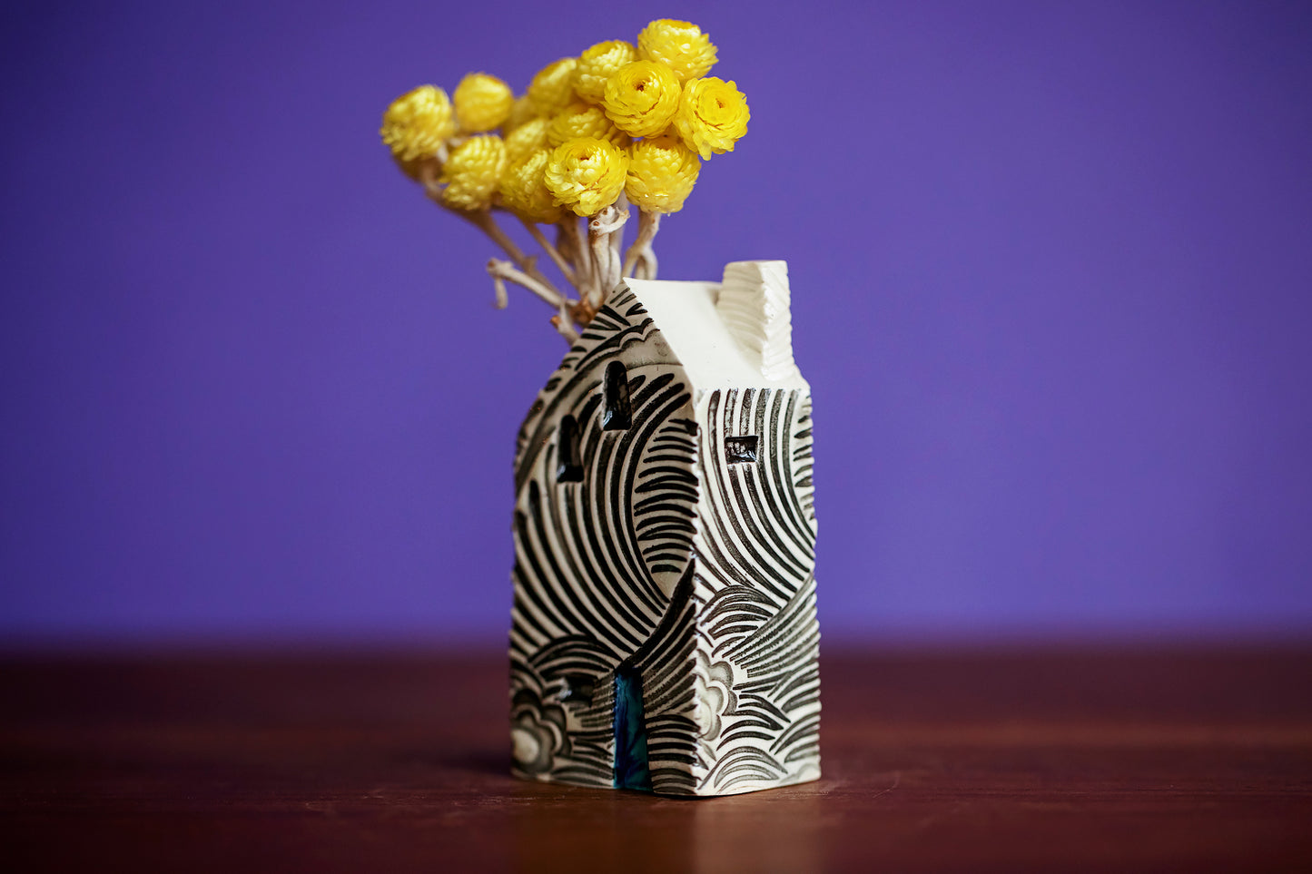 Waves Ceramic House Bud Vase with Blue Swirl Door - Tiny Flower Display