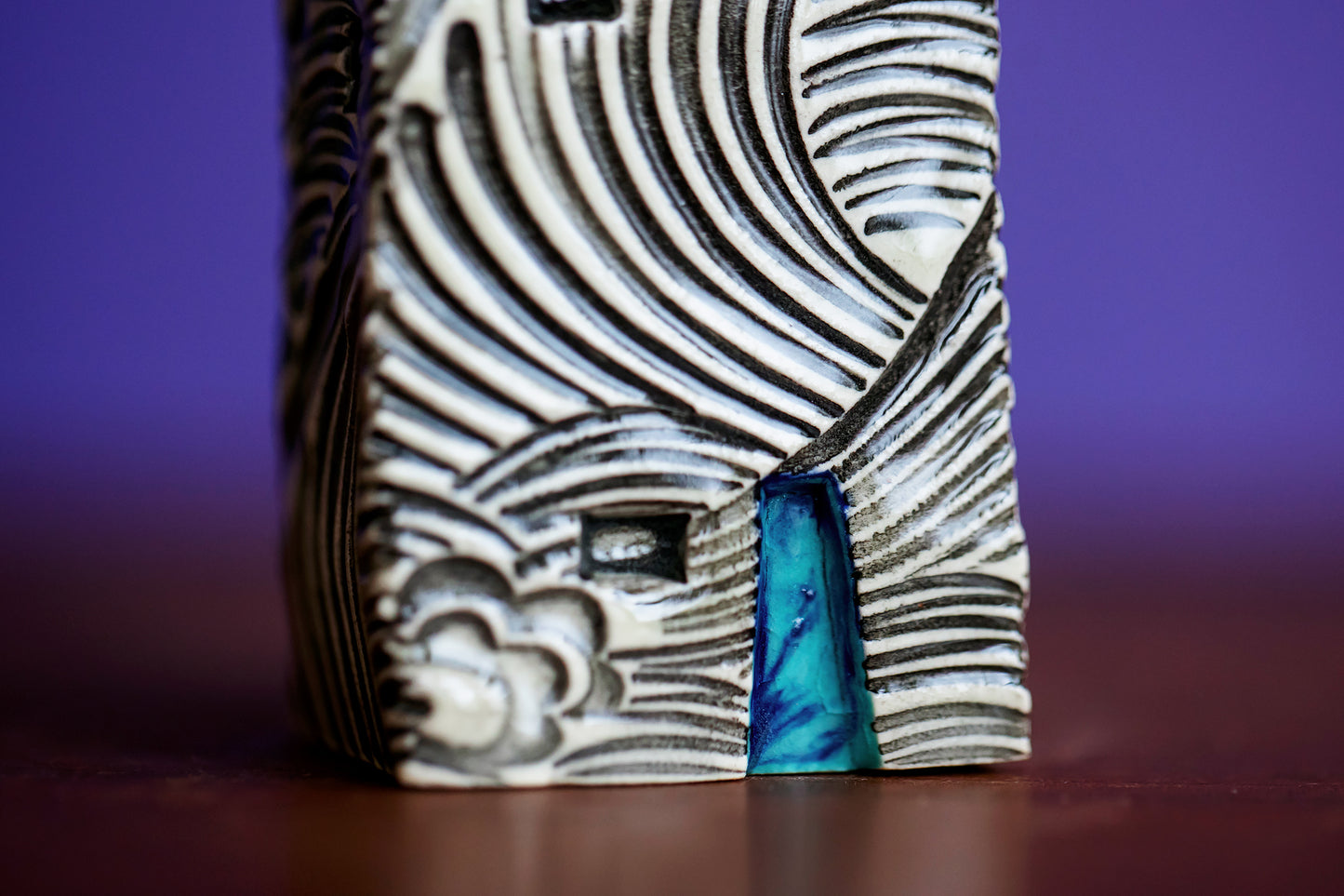 Waves Ceramic House Bud Vase with Blue Swirl Door - Tiny Flower Display