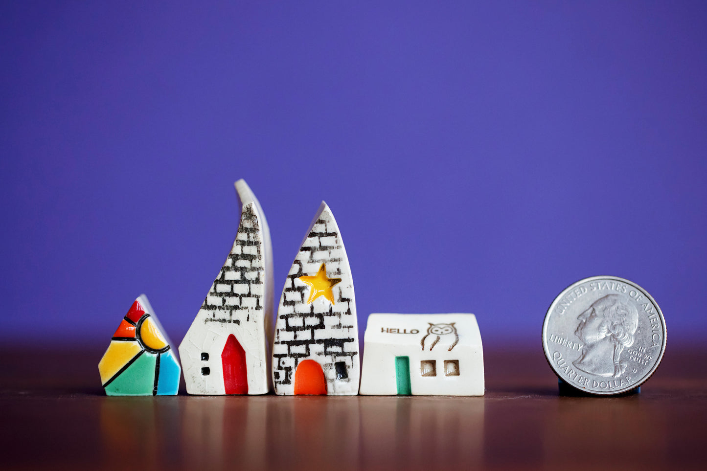 Tiny Ceramic Town of Four Houses with Owl and Rainbows