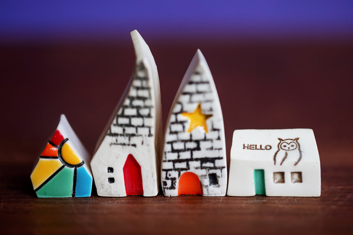 Tiny Ceramic Town of Four Houses with Owl and Rainbows