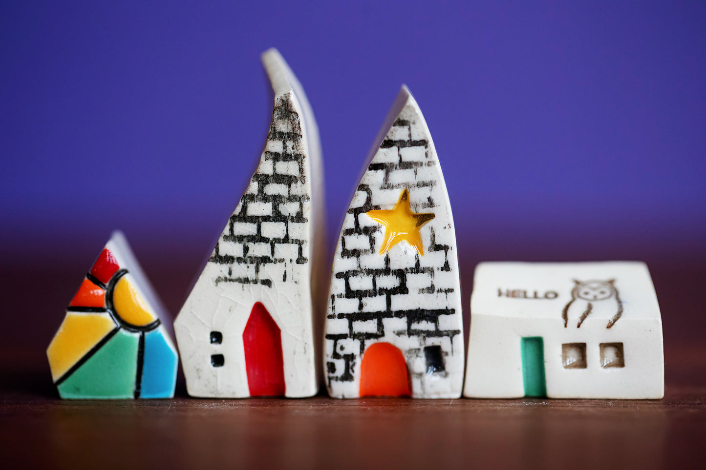 Tiny Ceramic Town of Four Houses with Owl and Rainbows
