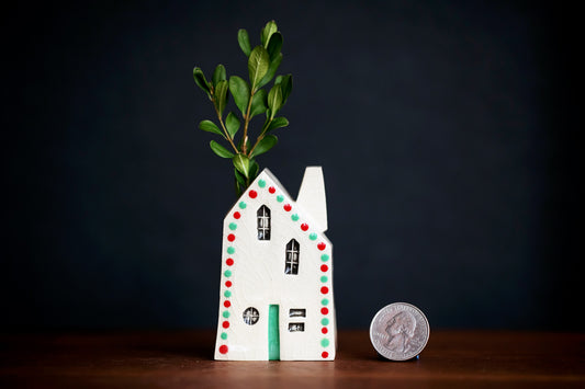 Christmas Ceramic House Bud Vase with Red and Green Dots