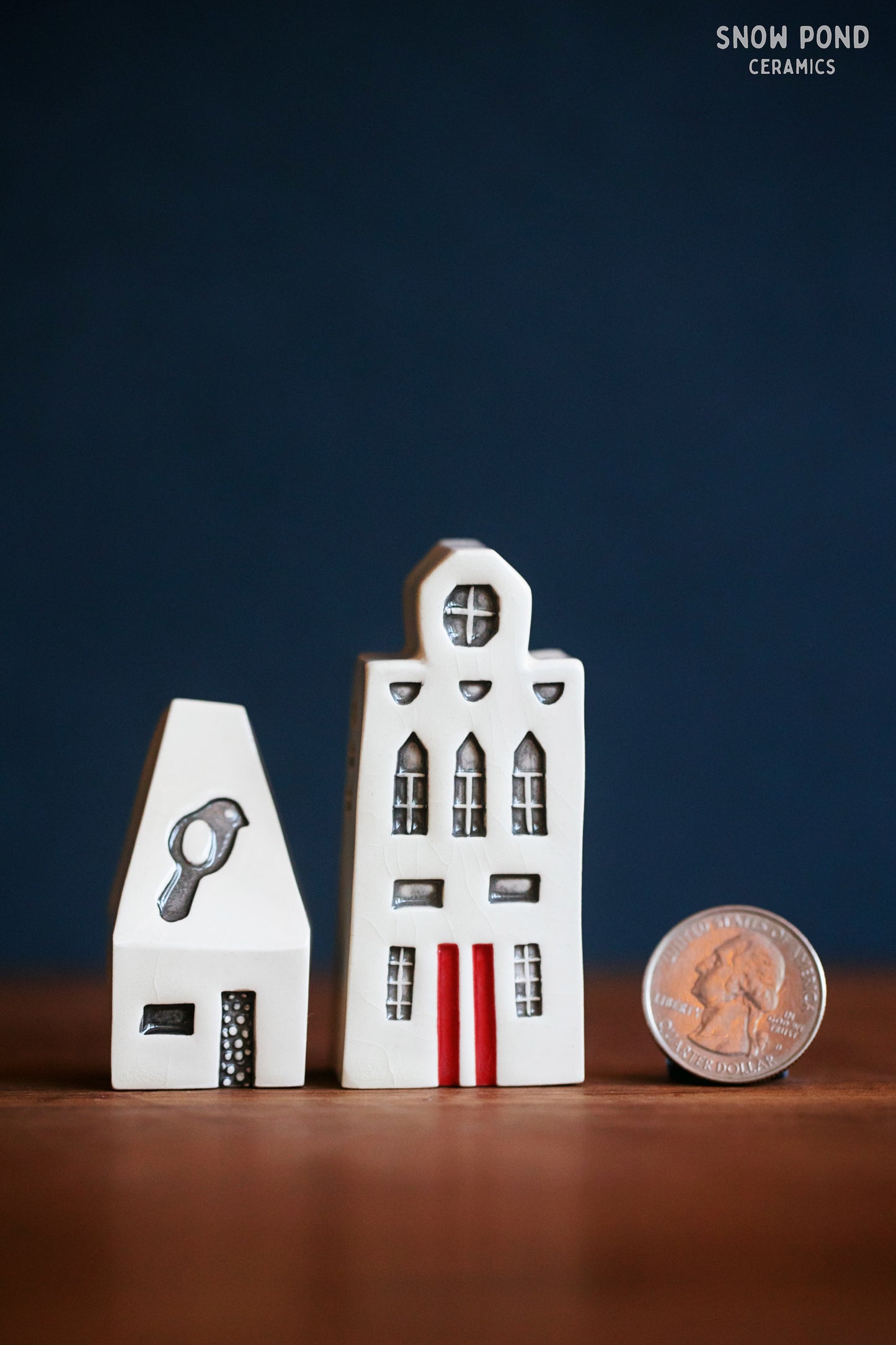 Miniature Victorian Ceramic Houses with Bird and Red Door