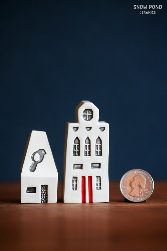 Miniature Victorian Ceramic Houses with Bird and Red Door