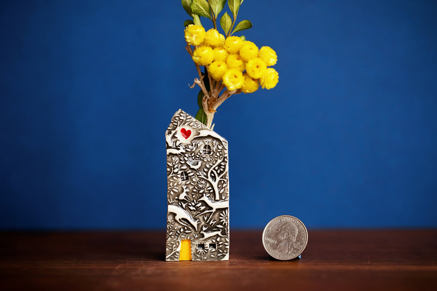 Woodland Bud Vase Miniature Ceramic House with Red Heart