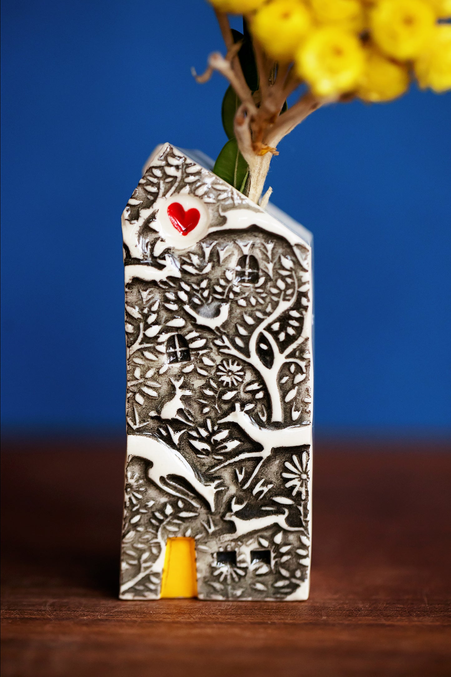 Woodland Bud Vase Miniature Ceramic House with Red Heart