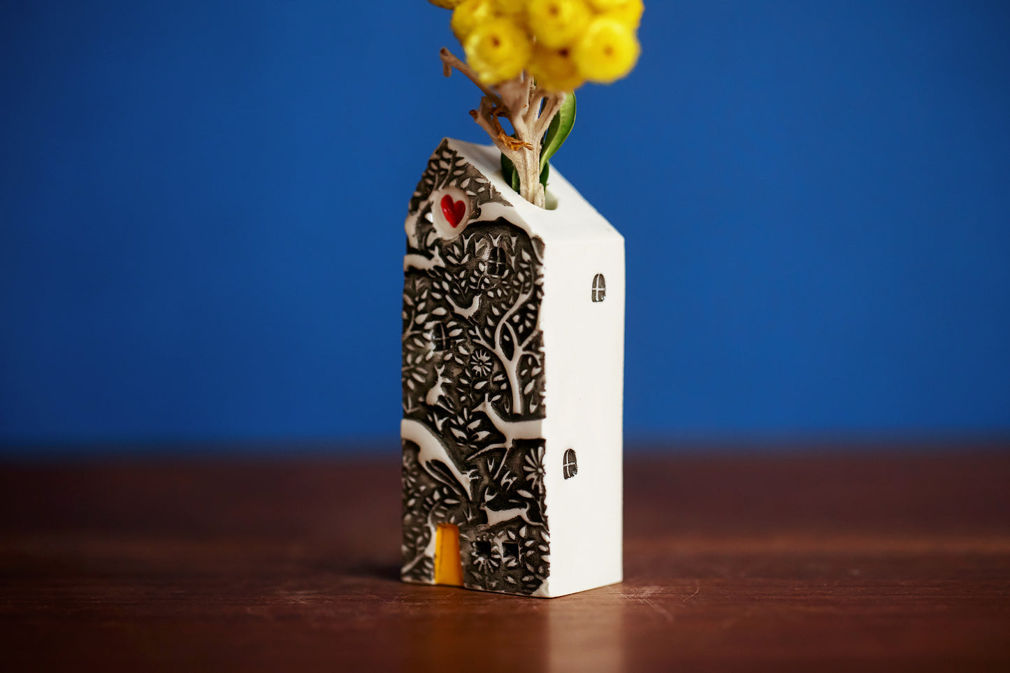 Woodland Bud Vase Miniature Ceramic House with Red Heart