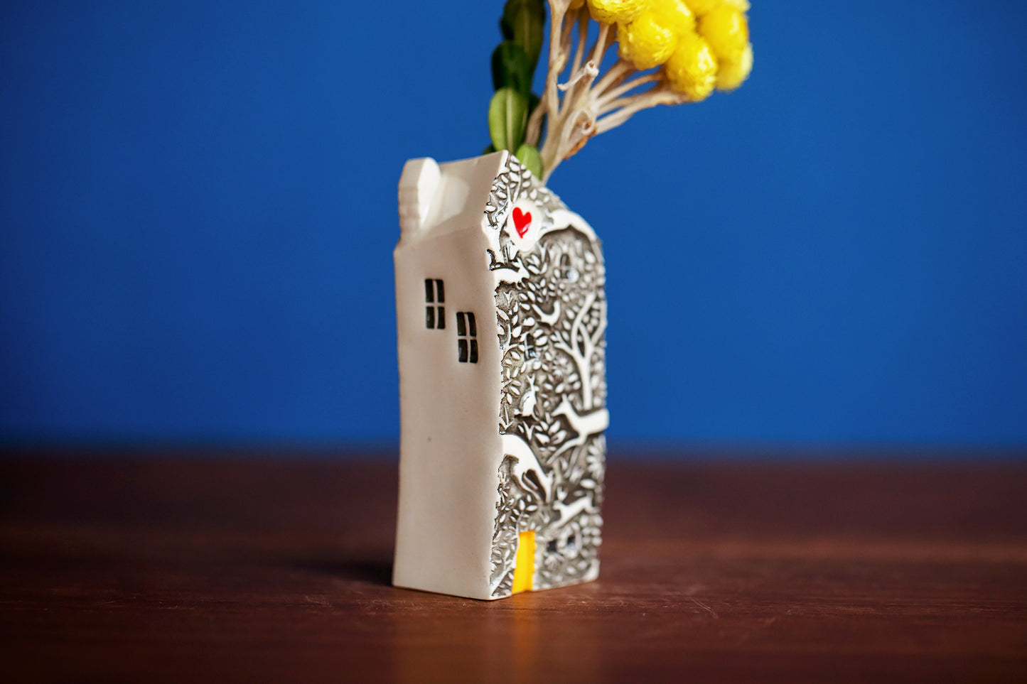 Woodland Bud Vase Miniature Ceramic House with Red Heart